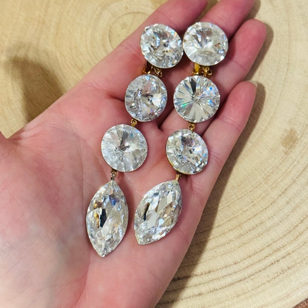VTG Runway Clear Austrian Crystal Rivoli Earrings Rhinestone Long Dangle Clip